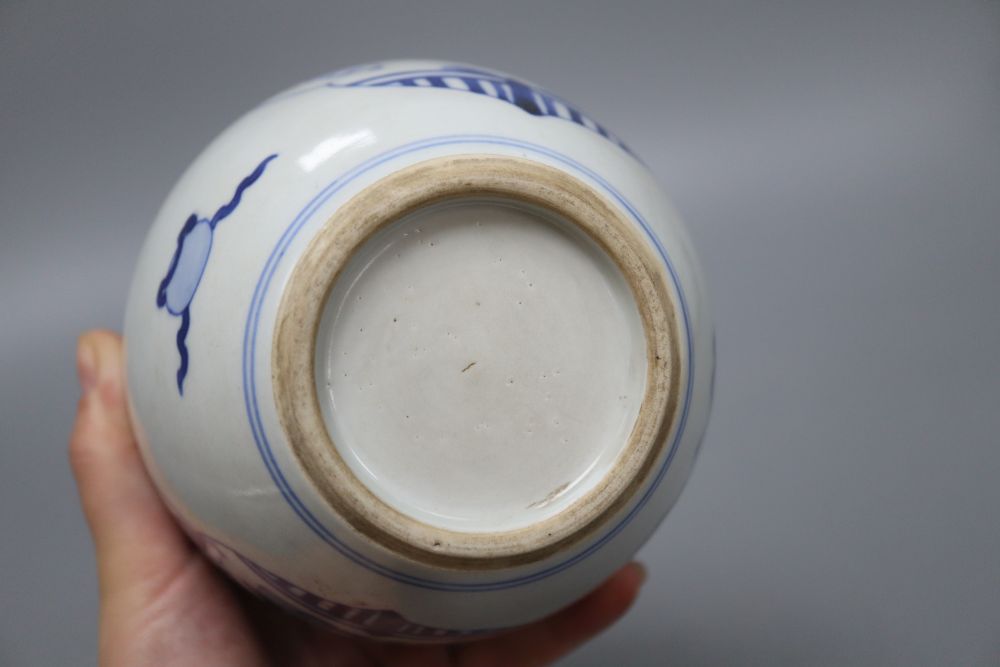 A Chinese blue and white ginger jar and a pair of jars, height 17cm